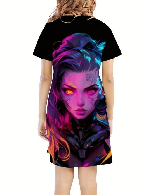 womens casual short sleeve graphic print dress soft breathable stretchy fabric elastic waist length round neck machine washable wear versatile fashion vibrant illustration comfortable fashion