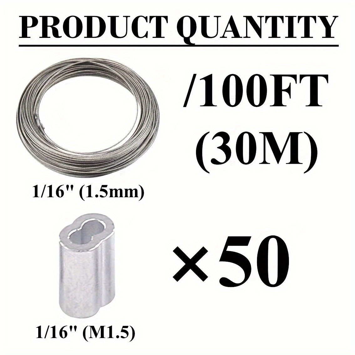Image of 1/16" Wire Rope, 304 Stainless Steel Cable, , 1.5mm Wire Rope With Crimping Loop Sleeves, 7x7 Strand Core And Double Perfect For Outdoor Hanging, Clothes Line Wires, Garden Fence