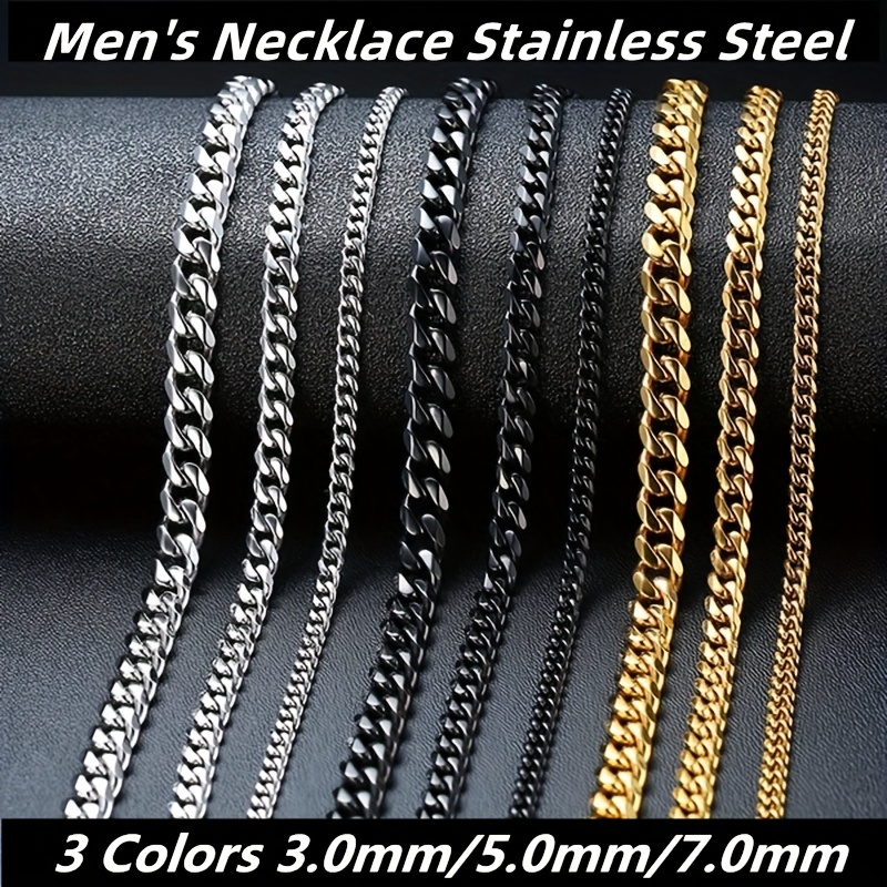 

Golden Jewelry Accessory For Men Featuring A Stainless Steel Cuban Link Chain In 3.0mm, 5.0mm, And 7.0mm Thicknesses, With A Length Of 60cm.