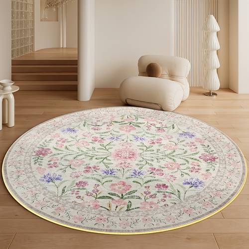 a luxurious round velvet rug with a european floral pattern in pink suitable for decorating living rooms bedrooms offices bathrooms and non slip durable easy to clean and washable