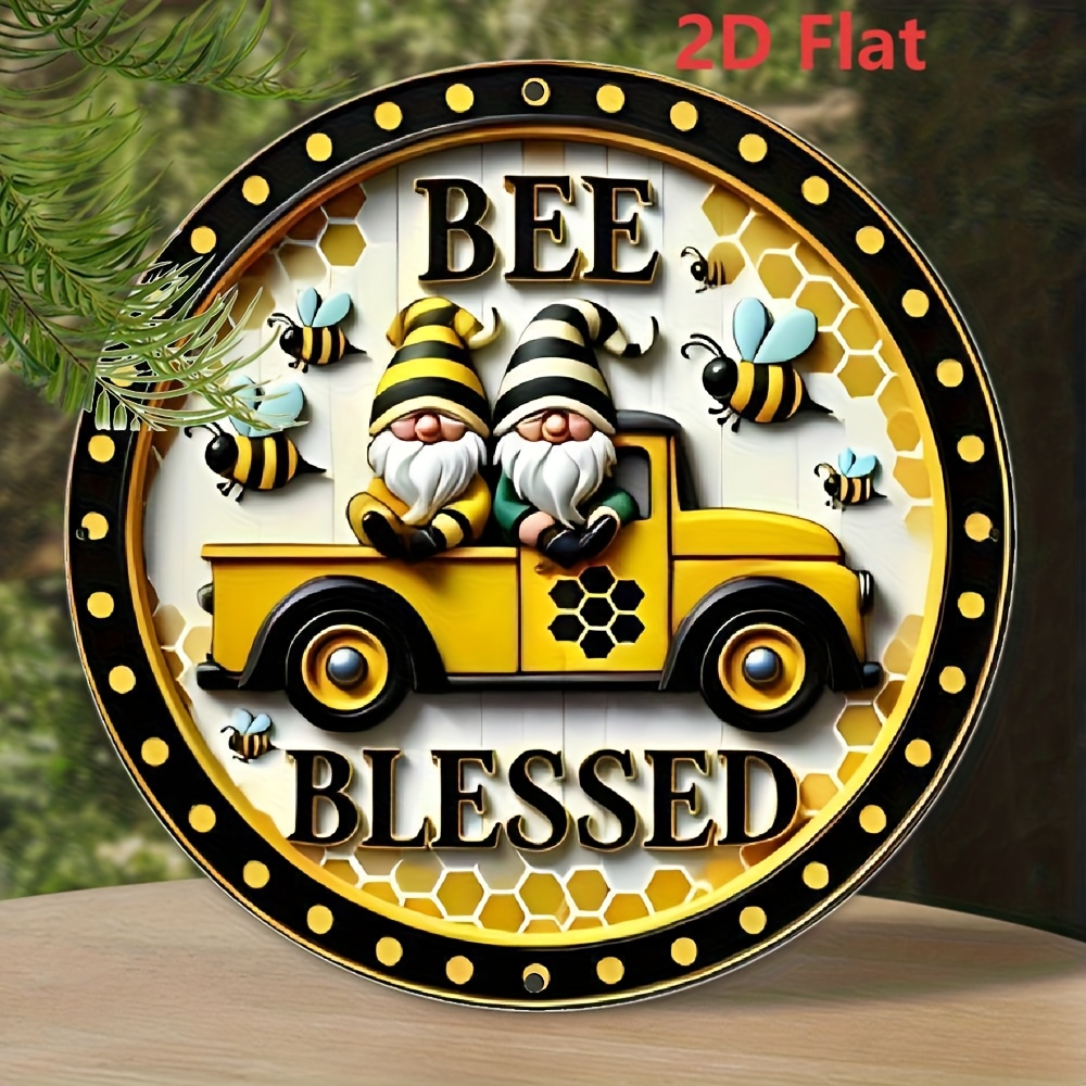 2d Flat, 1pc Bee Blessed Sign, Bee Blessed Wreath Sign, Gnome Bee Sign, , Metal Wreath Sign, Bee Decor, Wreath Supplies, 2d Flat