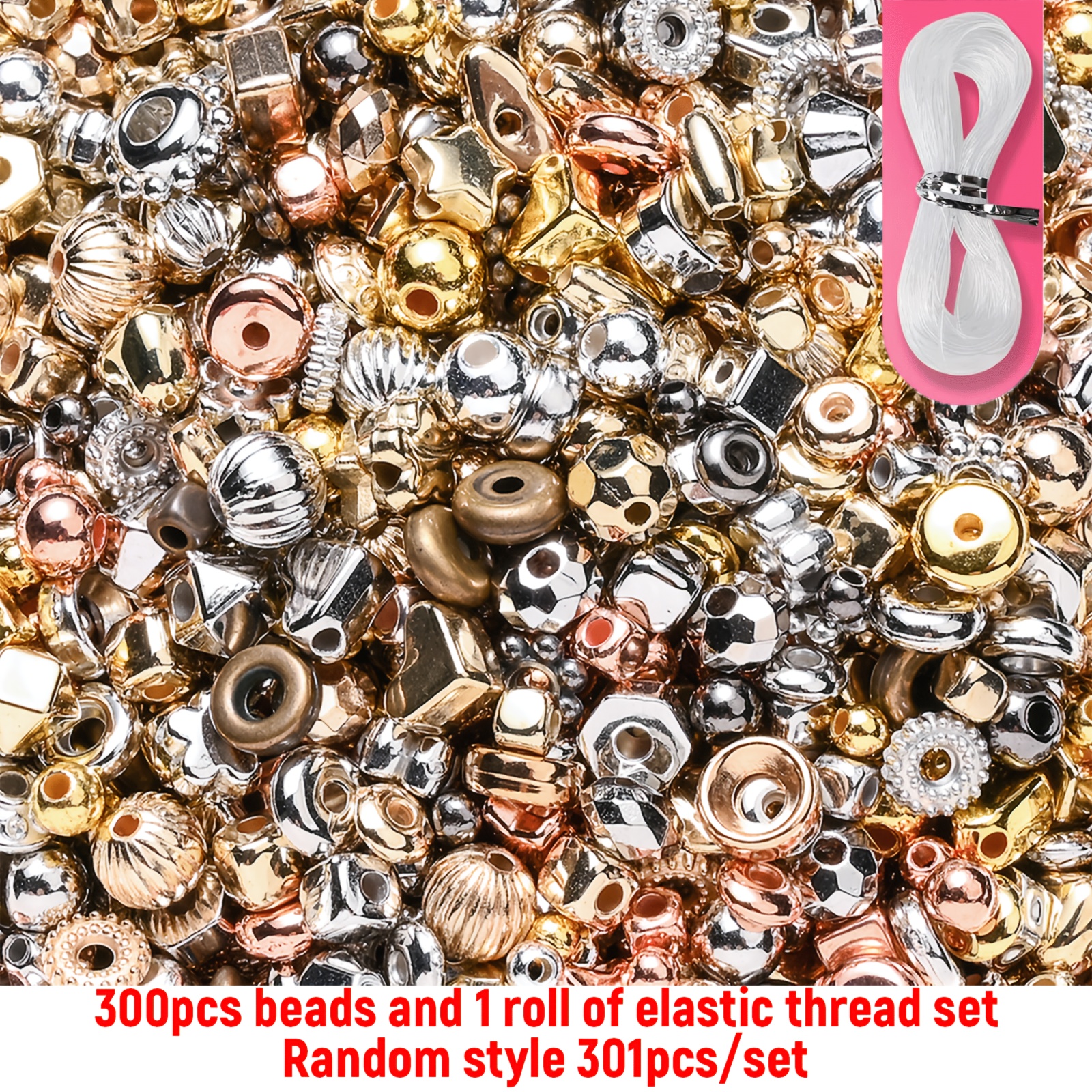 TEMU 301pcs/set 3mm-10mm Acrylic Random Mixed Spacer Beads, Round Beads, Loose Beads And 1 Roll Of Elastic Thread Set For Jewelry Making Bracelet