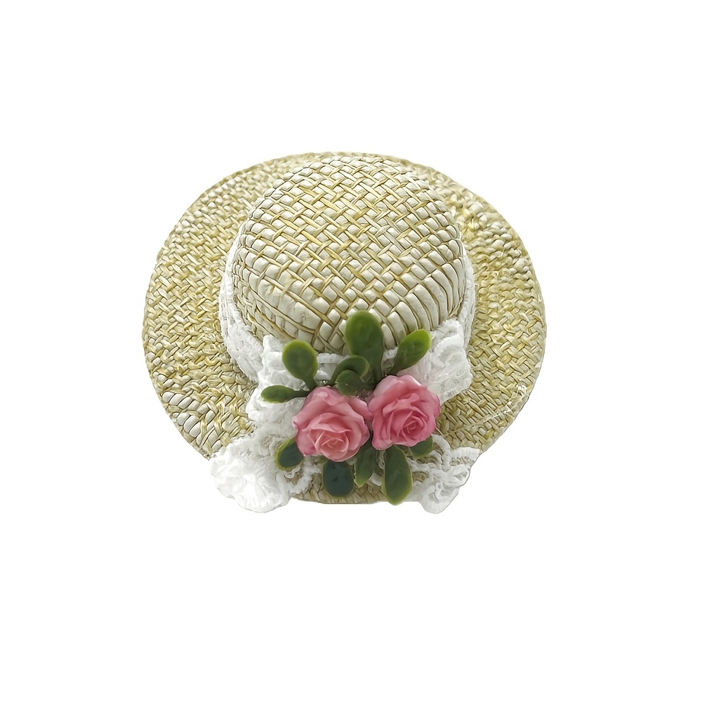 Image of Dollhouse Mini Vintage Straw Hat Model With Rose Decoration, Diy Decorative Ornament For Dollhouse Wardrobe, A Collectible Gift For Hobbyists And Enthusiasts