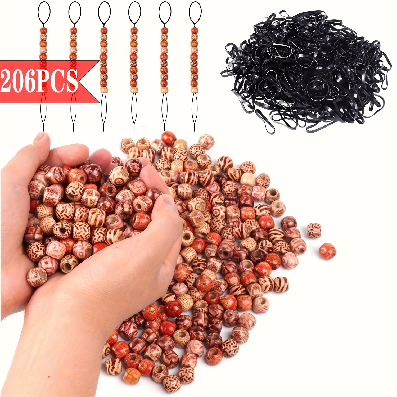 Image of 206 Hair Beads, Including 1009 * 4mm Large Hair Beads, 6 Quick-braided Hair Bead Piercings, Elastic Rubber Bands