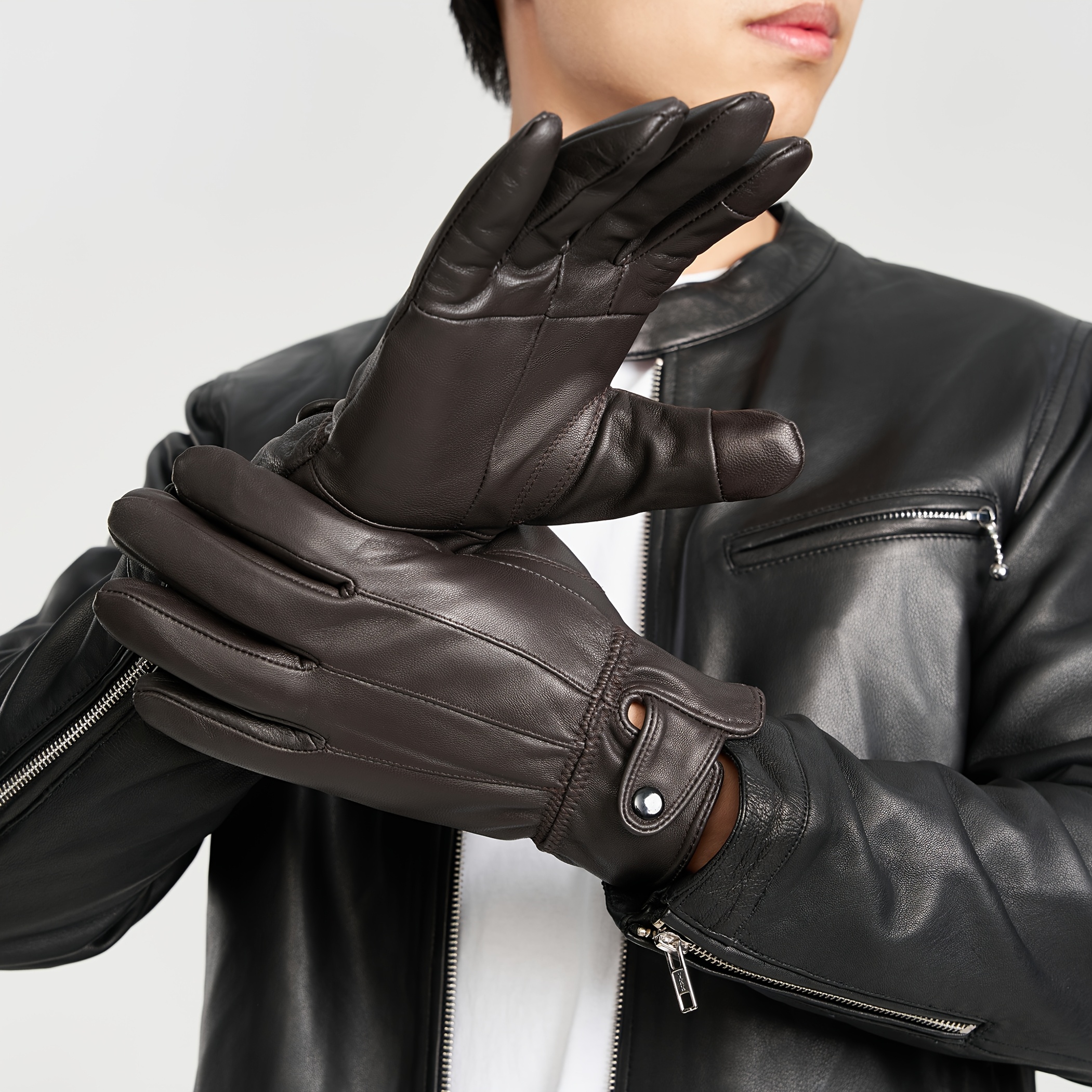 TEMU 1pc [ Leather Gloves] Men's Genuine Sheep Leather Gloves With Lining | Warm And Windproof, Suitable For Hiking, Running, Camping, And Fishing |