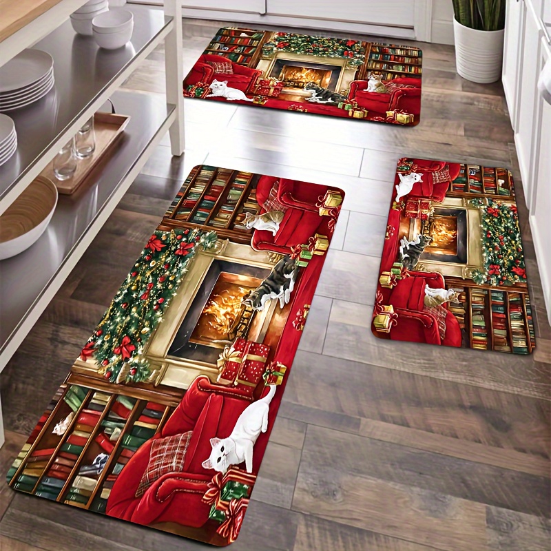 

Christmas Themed Polyester Doormat Set, Machine Washable Non-slip Rug, Dog Print, Indoor Home Decor For Living Room Kitchen Outdoor - 1pc/2pcs/3pcs