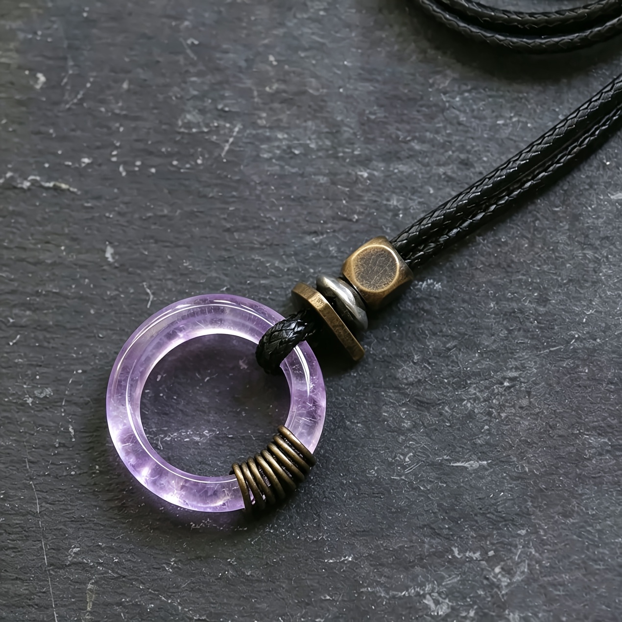 TEMU Natural Amethyst Triangular Circle Geometric Pendant Necklace, Vintage Antique Bronze-colored Wire-wrapped , Adjustable Black Wax Cord, Unisex,
