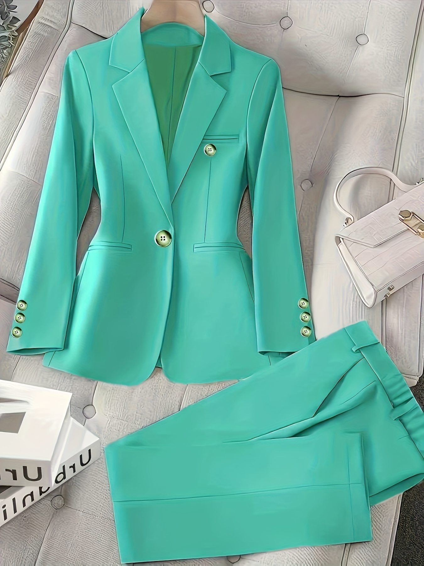   and fashionable commuter womens casual suit top pants set solid color long sleeved single button straight autumn commuter style