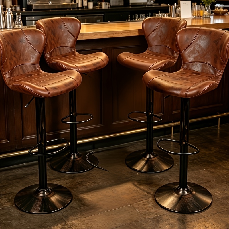 TEMU 4pcs Premium Adjustable High Stools - 54-76cm Brown Pu Leather Counter Height Chairs, Luxury Padded Seat, Easy-clean, For Kitchen Island & Home