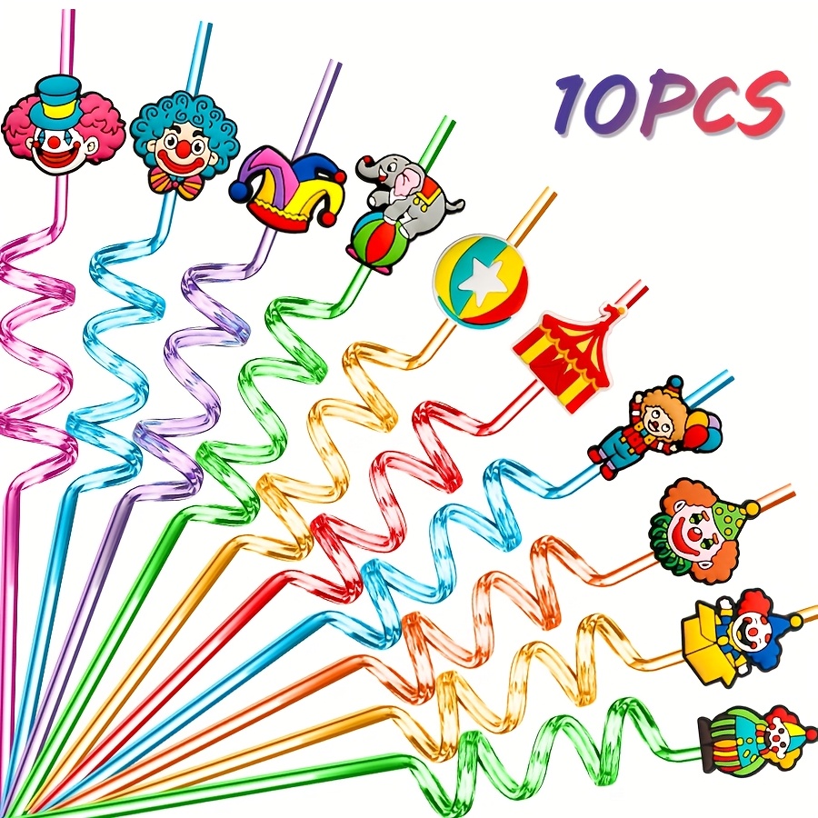 TEMU Of 10 Reusable Plastic Straws With A Circus Theme, Featuring Clown Designs, Party Decorations