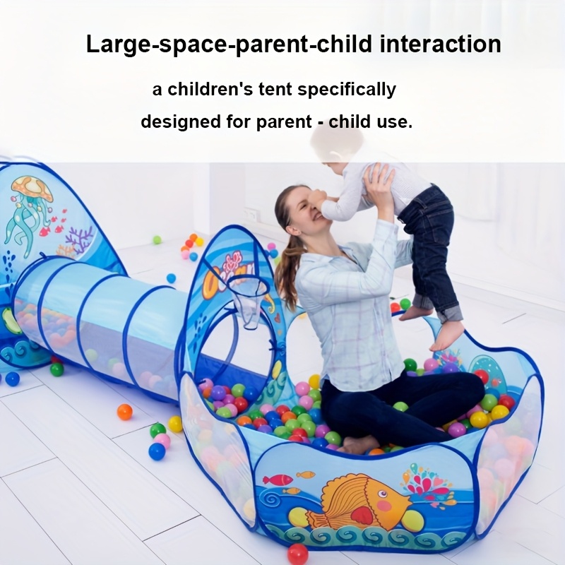 3-delige Blauwe Oceaan Thema Kinderballenbak Set met Glijbaan-achtige Tunnel & Koepelhoes