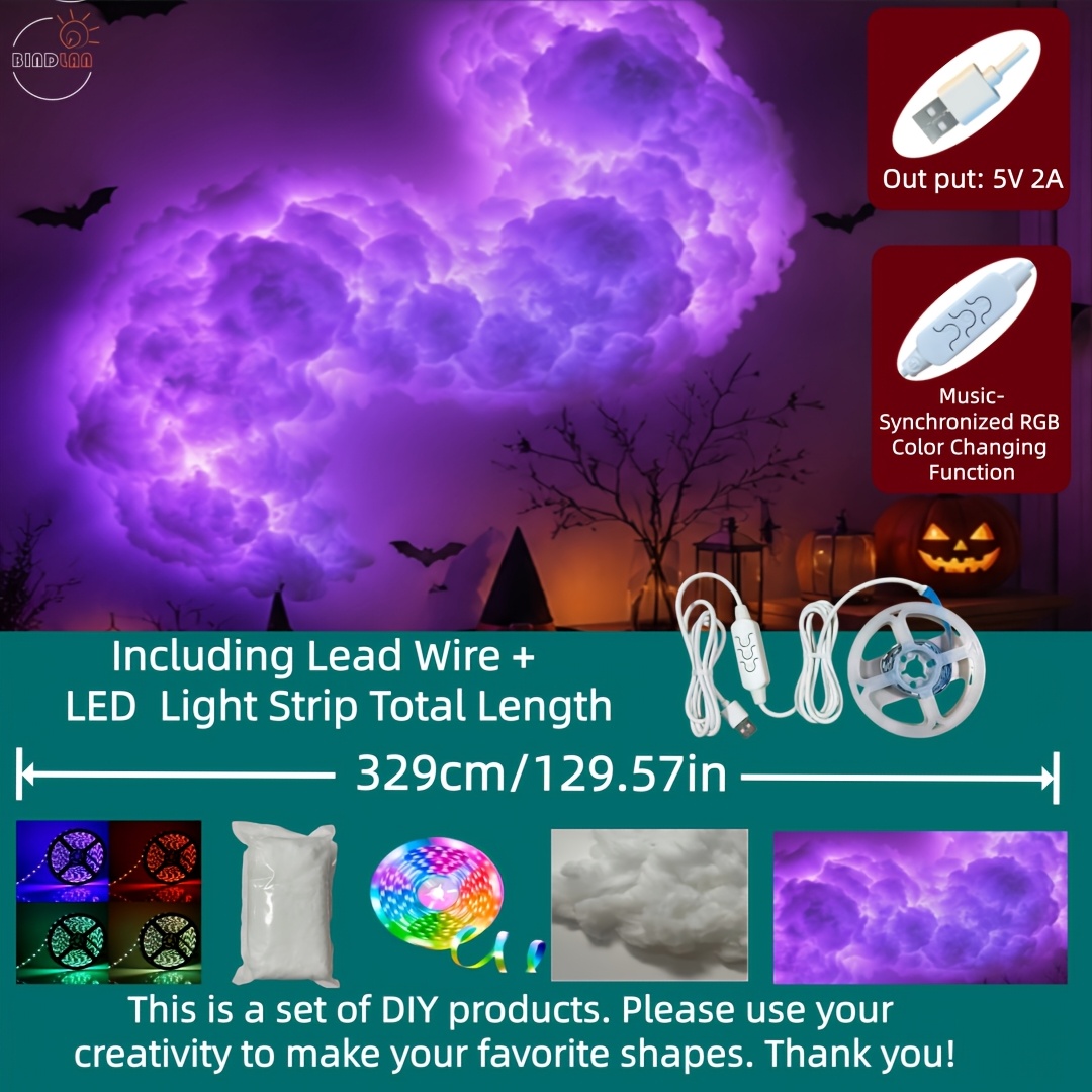 TEMU Éclairage d'Halloween Original, Lumière Nuage d' avec Changement de Couleur RGB Synchronisé sur la Musique, Alimenté par USB, Convient pour , ,