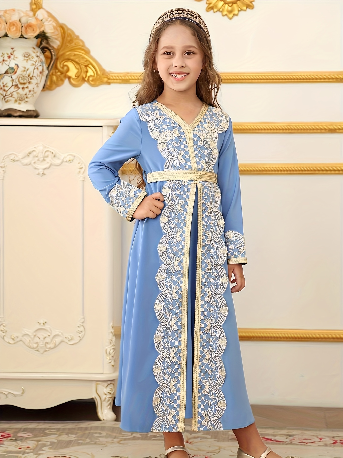 dubai turkey girls light blue golden embroidery - Temu Qatar