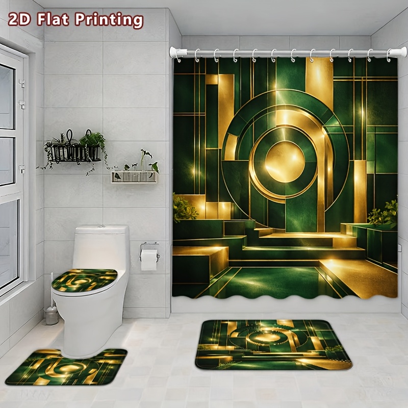 4pcs Geometric Art Deco Shower Curtain Set with Bath Mat