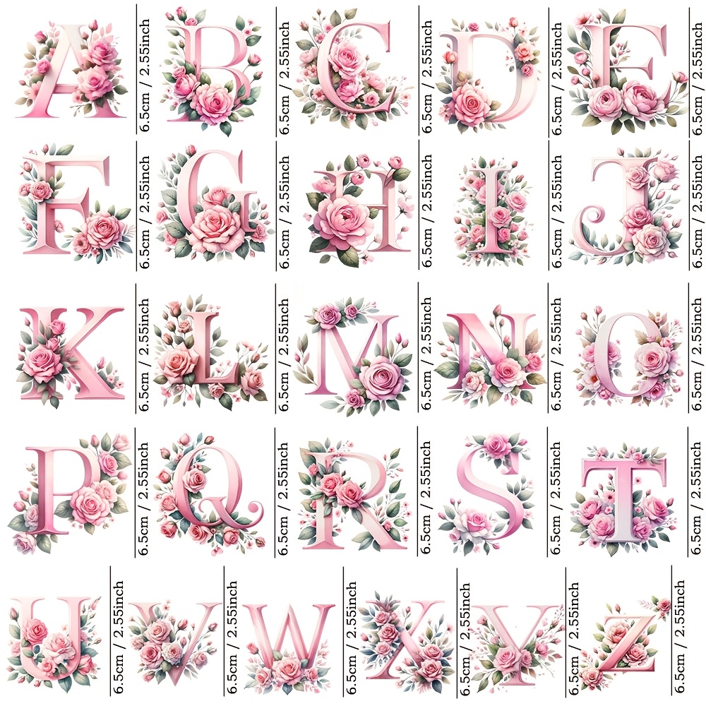Image of 27pcs Pink Alphabet Flowers A-z Uv Dtf Transfer Paper, Letter Glass Cups Wraps, Self-adhesive Decals For Bottle, Wood, Plastic, Glass, Metal, Ceramic Surfaces, Perfect Gift For Women