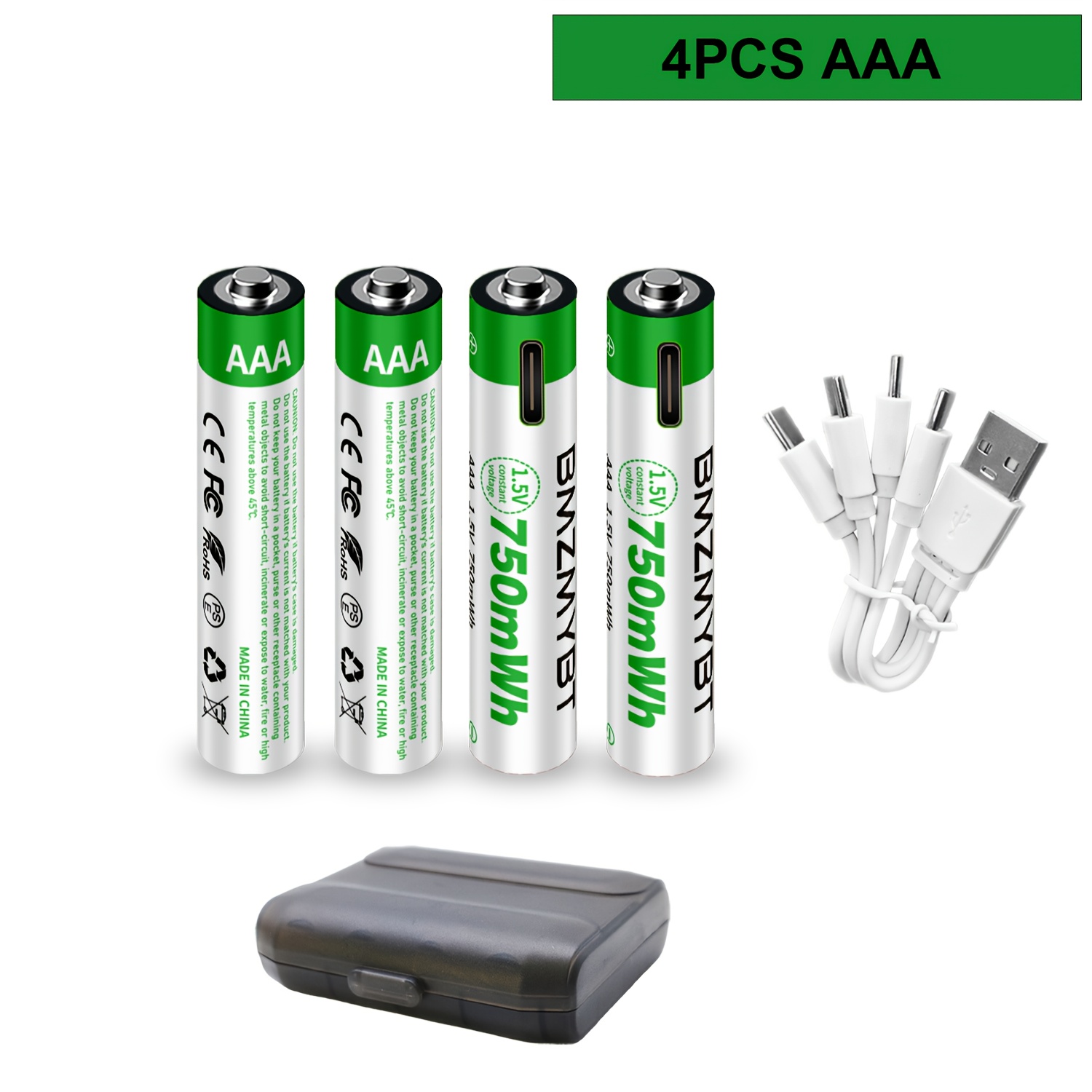 TEMU 4pcs Aaa Battery Aaa Batteries, Usb/type-c Aaa Rechargeable Lithium , High Capacity 1.5v 500mah 750mwh Rechargeable Lithium Battery, 1.5 Hours