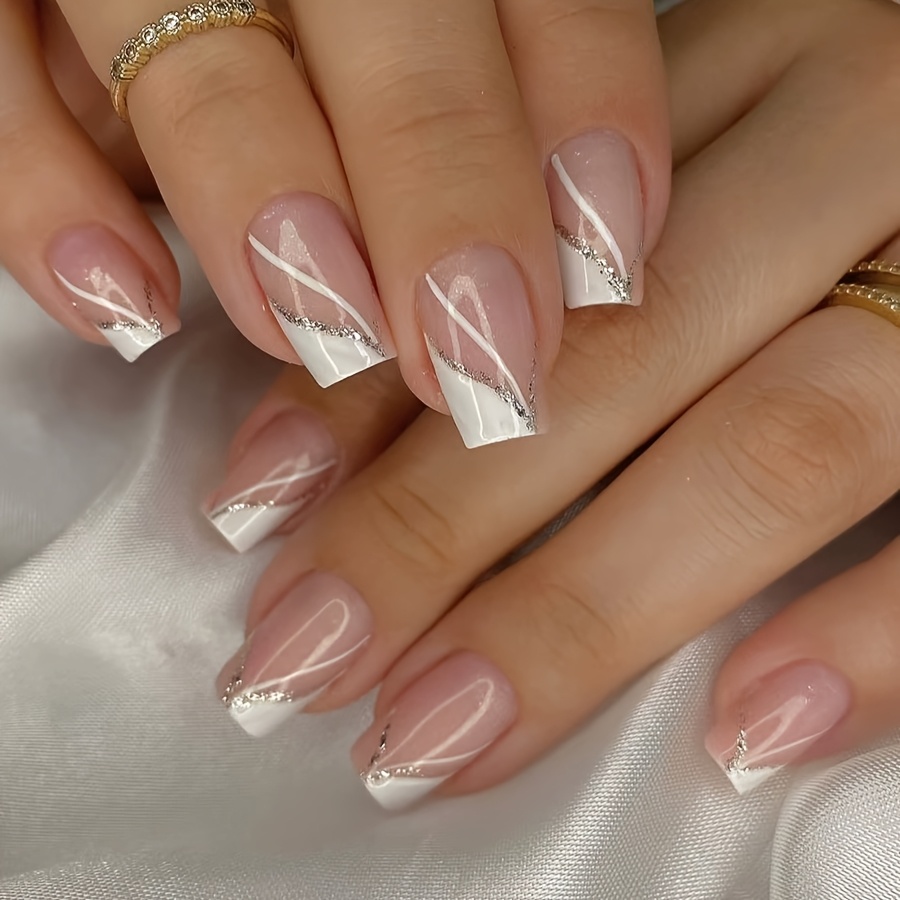 TEMU Celebrity Wearable Nail Stickers Short Square 24pcs Nail Art Wearable Nails French Shimmering Elegant Stripes All-match Temperament Design False