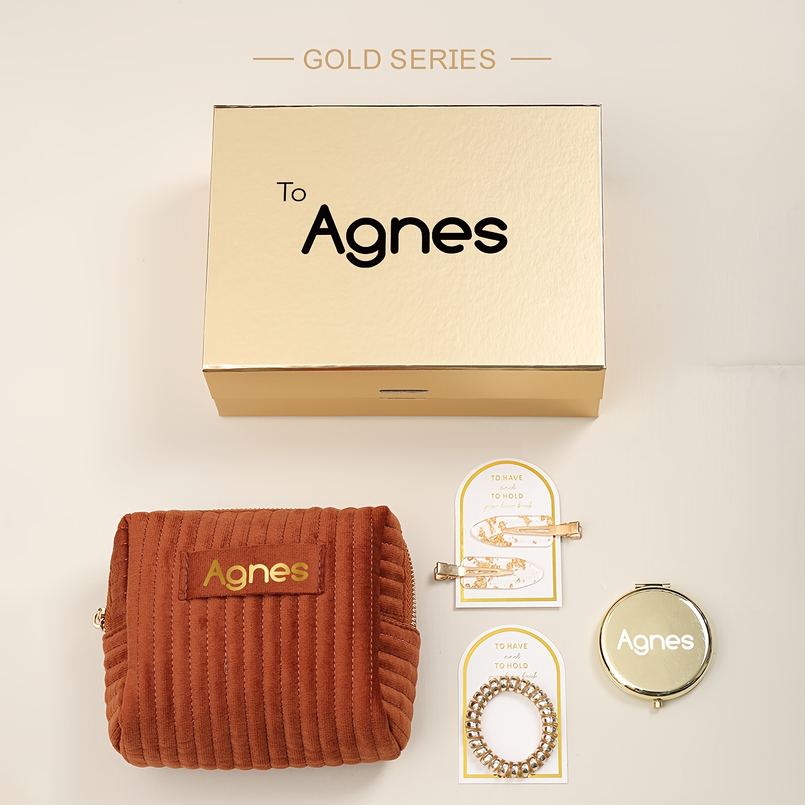 TEMU Personalized Name Gift Box Set With Text/name/message - Elegant Beige & Golden Luxury Fabric Box With Ribbon Bow & Label - Wedding, Birthday,