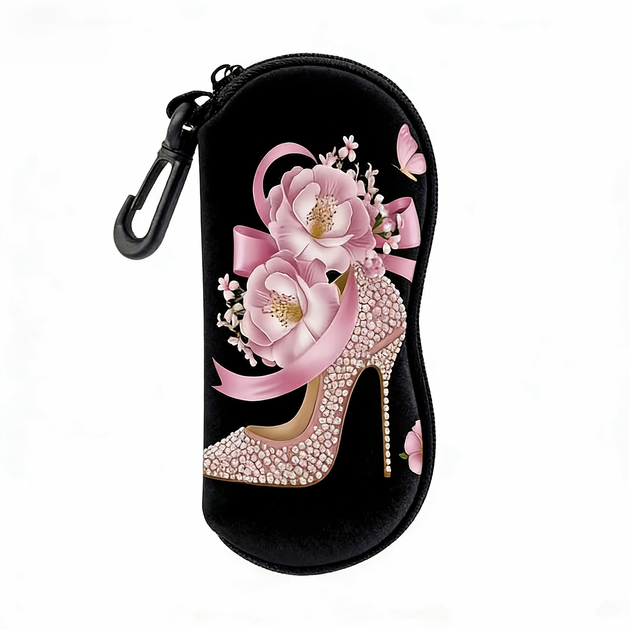 TEMU 1pc, Sparkling Diamond Full Diamond High Heel Glasses Case, Pink Flower Print Glasses Bag, Portable Soft Neoprene Zipper Glasses Case,