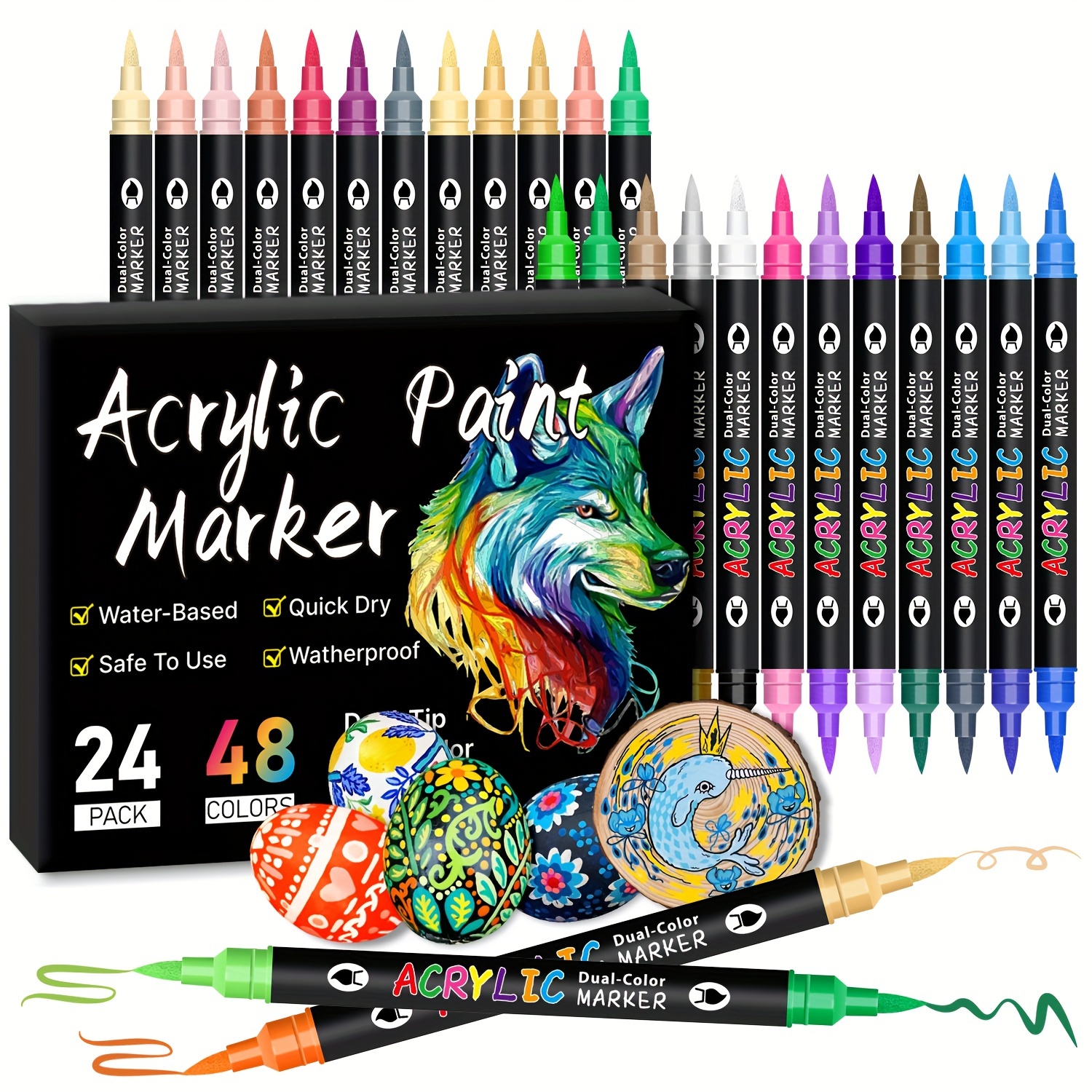

24-piece Premium Acrylic Paint Markers With Dual-tip Brushes, 48 Vibrant Colors - Ideal For Rock Painting, Canvas, Wood, Ceramics, Glass, Stone, Fabric & Crafts