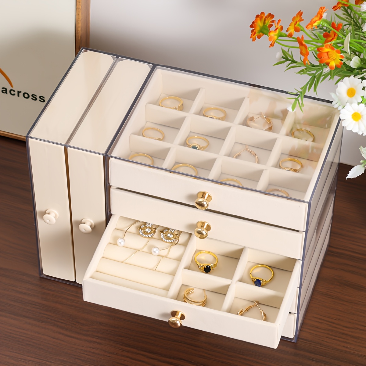 large capacity jewelry organizer box with multiple compartments for earrings rings necklaces bracelets durable plastic desktop storage box with golden handles polished   fabric lined interior ideal for valentines day christmas gifts jewelry gift box jewelry boxes Product details 7