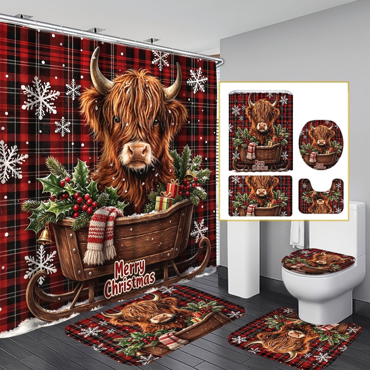 TEMU 4pcs 2d Merry Christmas Highland Cow Sleigh Holly Snowflake Shower Curtain Set, Christmas Decor Bathroom Curtain Set With 12 Hooks Non-slip