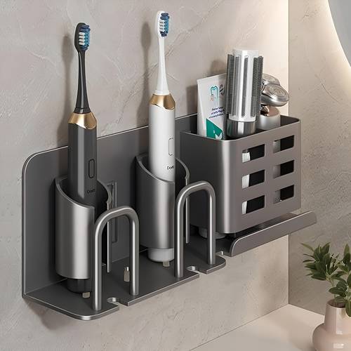 no drill wall mounted bathroom organizer aluminum toothbrush holder with multiple compartments for electric toothbrushes toothpaste care tools space saving bathroom storage rack toothbrush and toothpaste holder