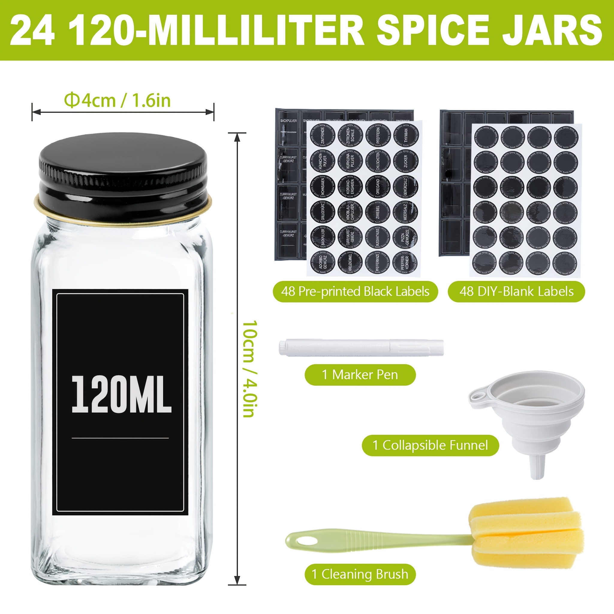 Premium 12/24 Glass Spice Jar Set With Back Stainless Steel Lids 120ml Square Seasoning Bottles For Stylish Kitchen Organization