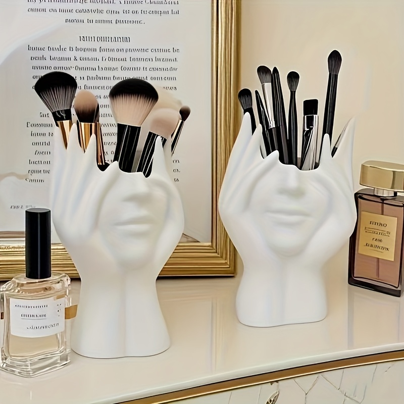 unique human head shaped makeup brush holder lightweight stylish plastic organizer for cosmetics and accessories   desk or bathroom decor 11 slots festive holiday gift idea bathroom organizer   durable plastic makeup organizer holder Product details 0