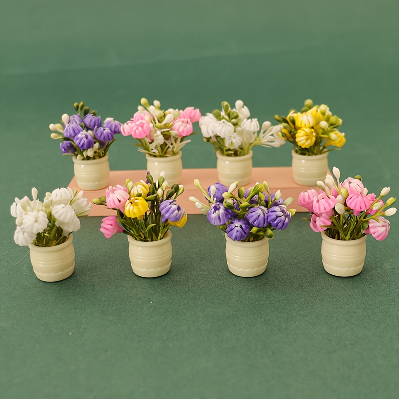 8-Pcs Miniature Colorful Flower Pots with Plastic Tulips and Daffodils