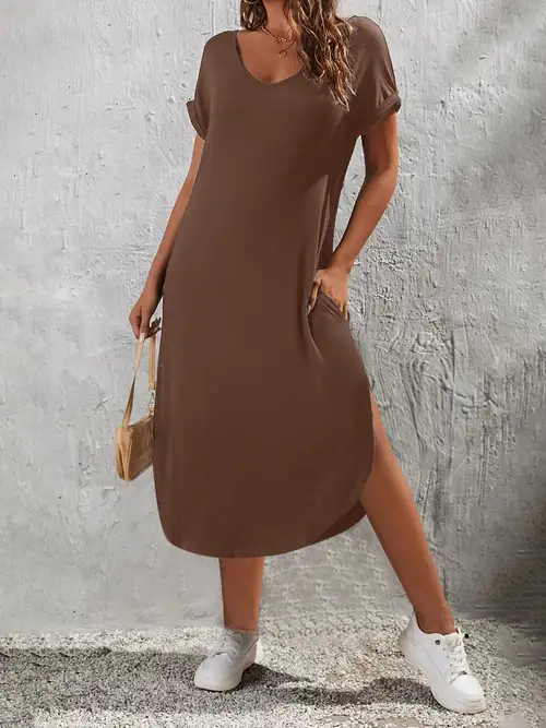 women's summer casual -length short sleeve v-neck drawstring knee-length t-shirt dress, with pockets | Free Shipping On Items Shipped From Temu | Temu Spain women's summer casual -length short sleeve v-neck drawstring knee-length t-shirt dress, with pockets | Free Shipping On Items Shipped From Temu | Temu Spain