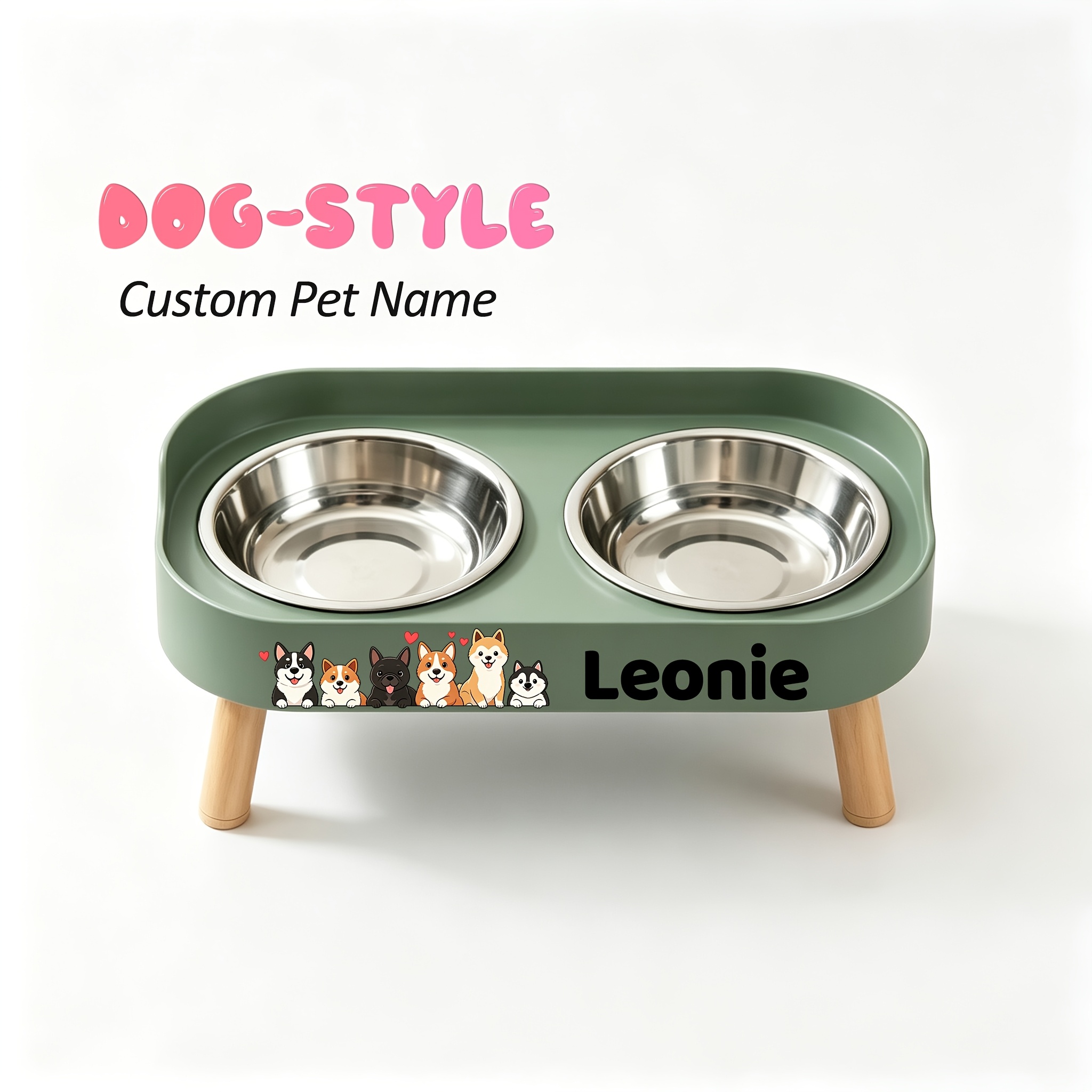 Raised Double Bowl Feeder with Custom Pet Name