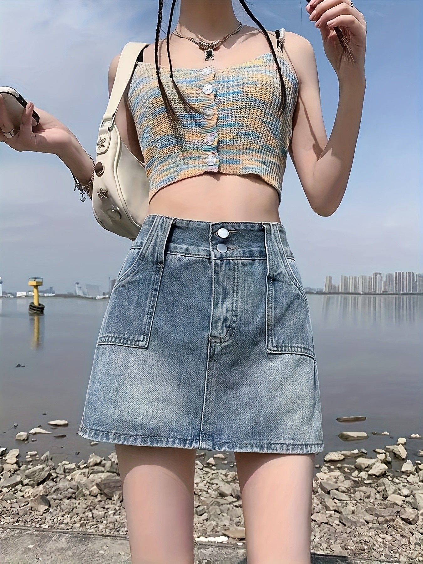 women's vintage style black denim mini skirt 100% polyester Temu