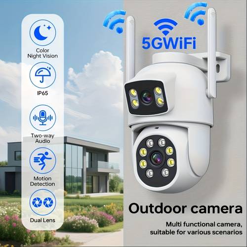 kabellose dual-objektiv 2.4/5g wlan ptz überwachungskamera, außenkamera, mit auto-tracking, ki-bewegungserkennung, farb-nachtsicht, zwei-wege-audio, einfacher einrichtung, echtzeitwarnungen, -steuerung, vollfarb-nachtsicht, eseecloud app