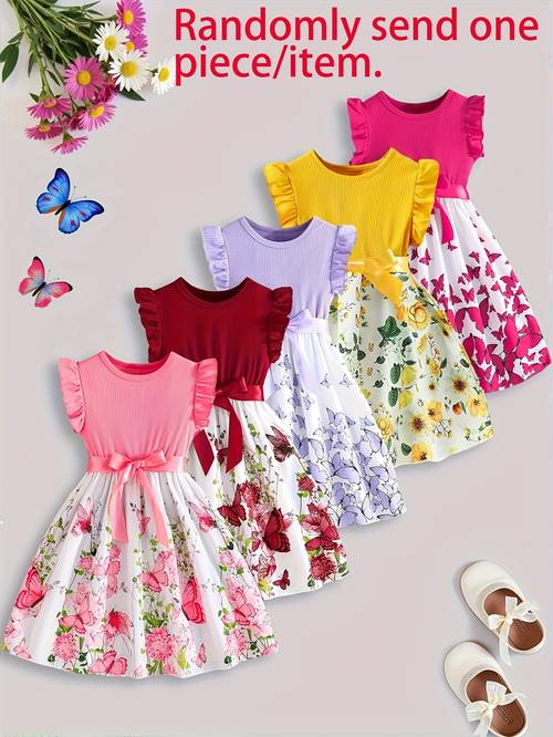 are in total 1pc girls dress with small flutter sleeves bow and floral print summer dress for toddler girls
