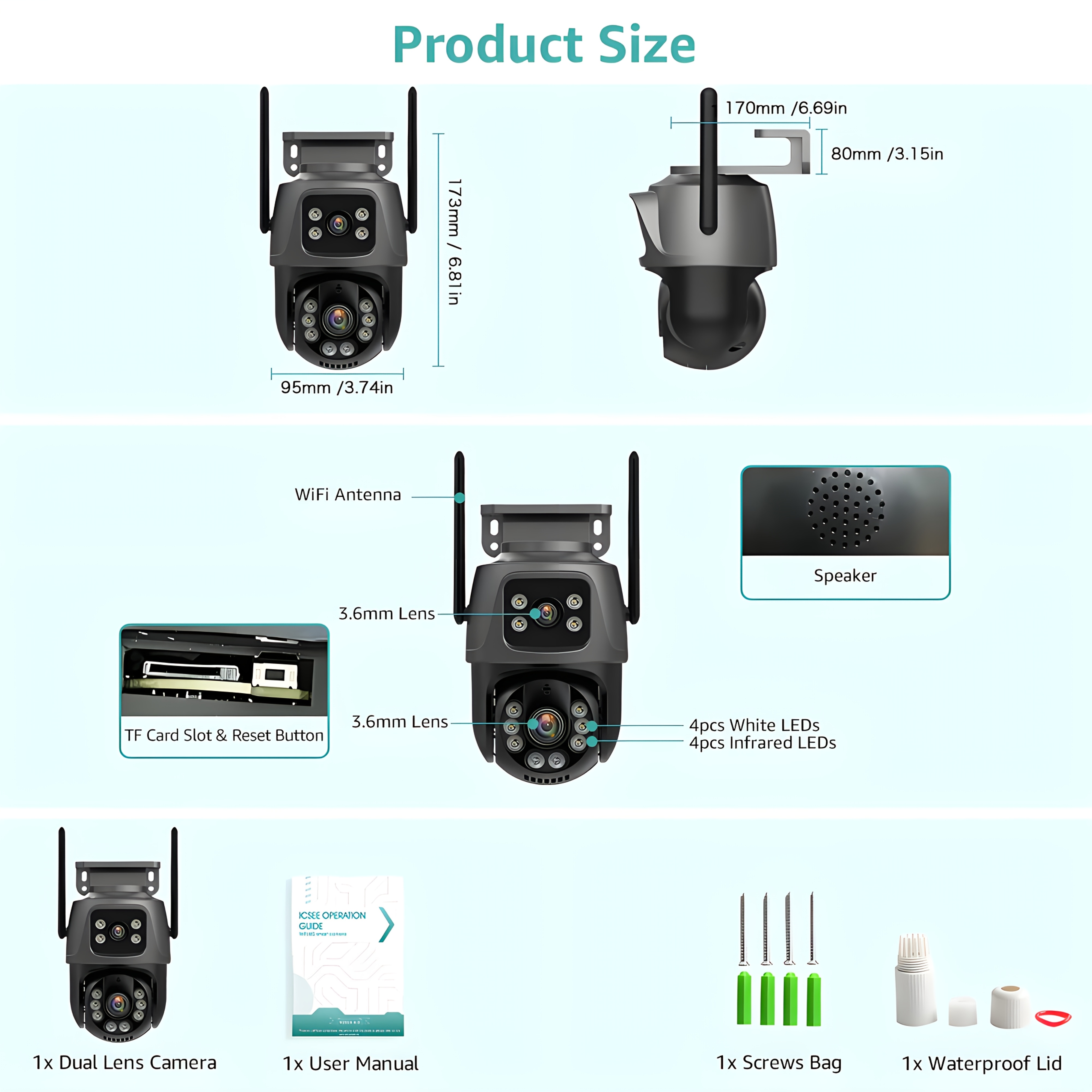Cámara de seguridad inalámbrica para exteriores de 8MP con lente dual, seguimiento automático, detección humana, visión nocturna a color, grabación 24/7, audio bidireccional, conexión cableada RJ45, almacenamiento en la nube/SD, enchufe europeo, vigilancia exterior, vigilancia moderna