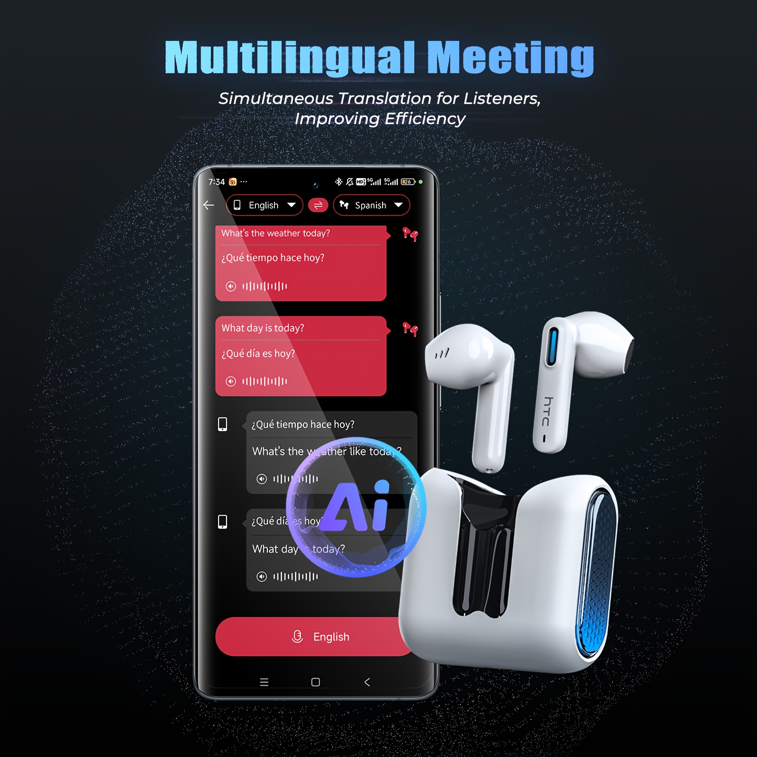Écouteurs traducteurs sans fil HTC NE49 TWS avec traduction multi-langues, son HD, suppression du bruit, micro intégré, rechargeables par USB, batterie