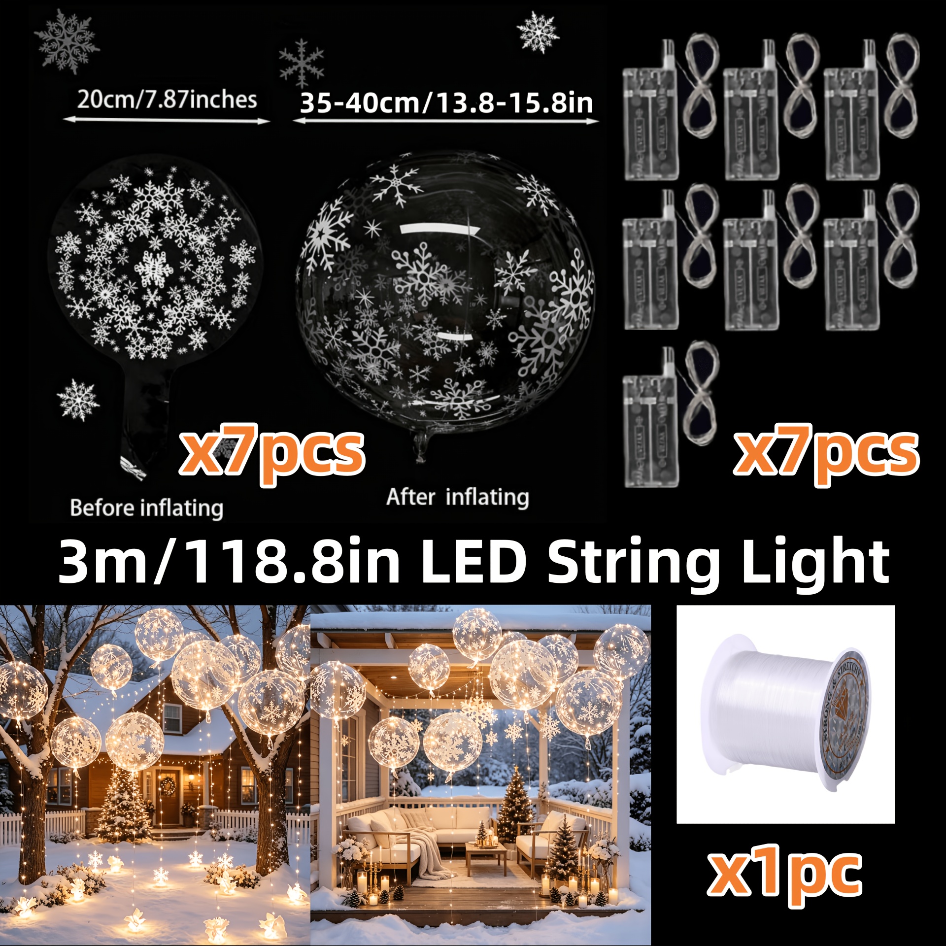 TEMU 15pcs Snowflake Luminous Bobo Balloon Set, Transparent Led Light Up Balloons With 7 Snowflake Balloons, 7 Warm Light Strings And 1 Roll Of Wire,