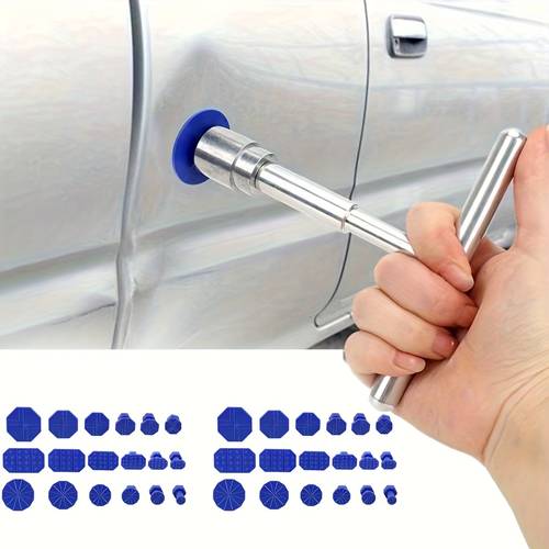 1 set of car dent repair tools silvery t shaped handle with 36 blue car dent pull tabs affordable price sturdy and durable quality dent repair pull tool car dent collision repair tool repairing body