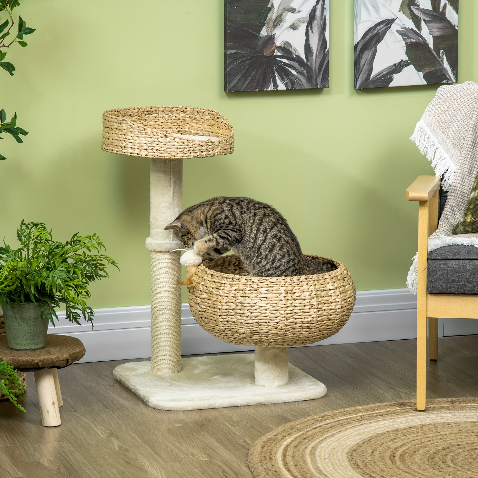 

Pawhut 28" Elevated Cat Bed With Sisal Scratching Post For Indoor Kitties, Tree With Cute Basket Design, Small Cat Tree With Toy