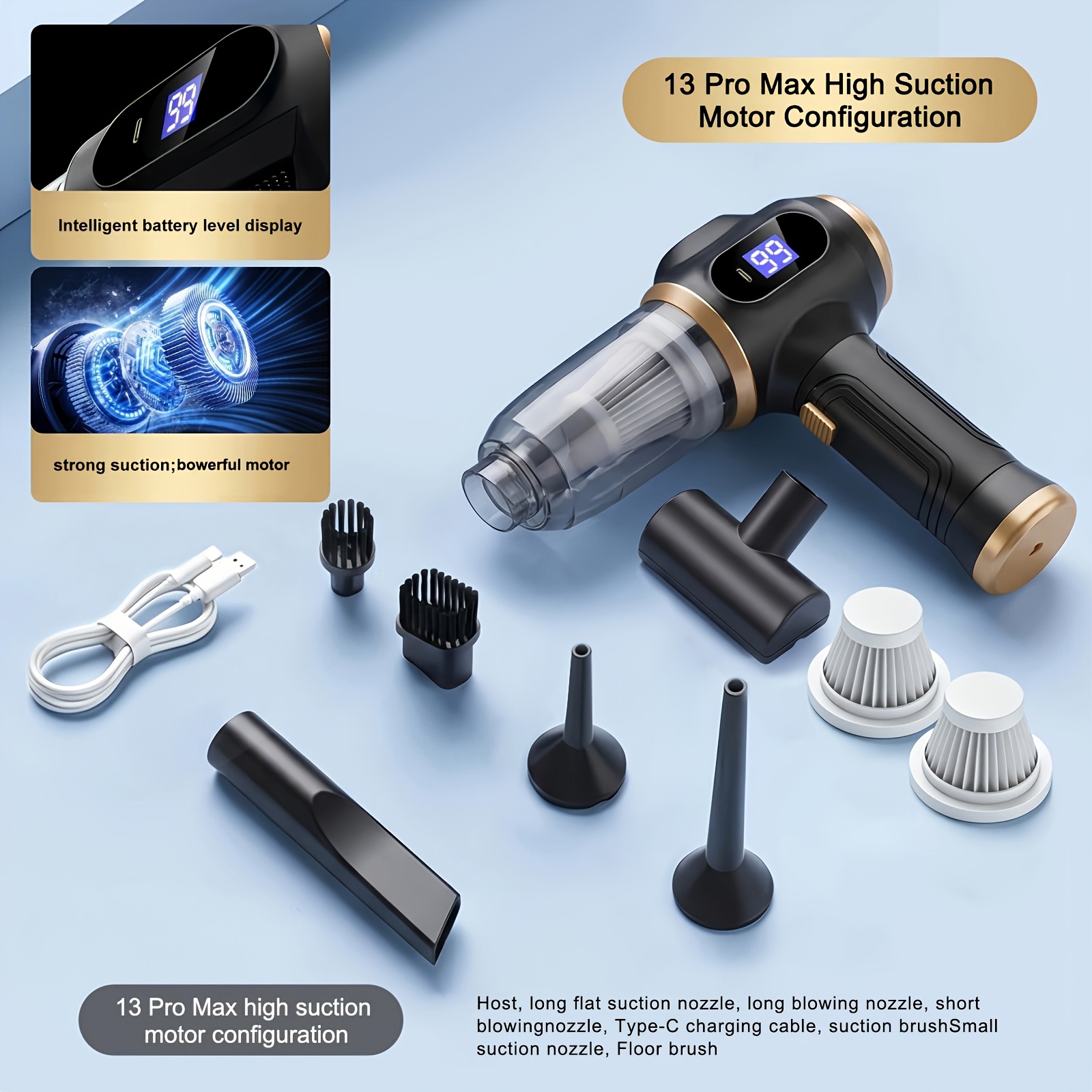 TEMU Aspirateur de voiture portable à main haute , fonction intégrée de soufflage et d'aspiration, mini aspirateur de nettoyage à chargement USB,