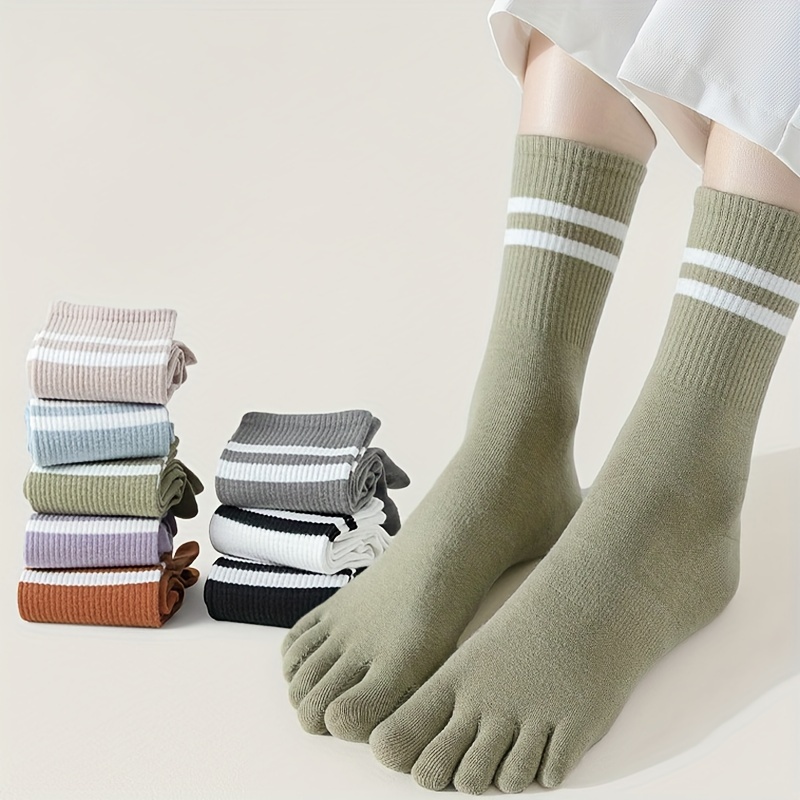 

8 Pairs Striped 5 Fingers Socks, Comfort & Simple Mid-calf Toe Socks, Women's Stockings & Hosiery - For Fall