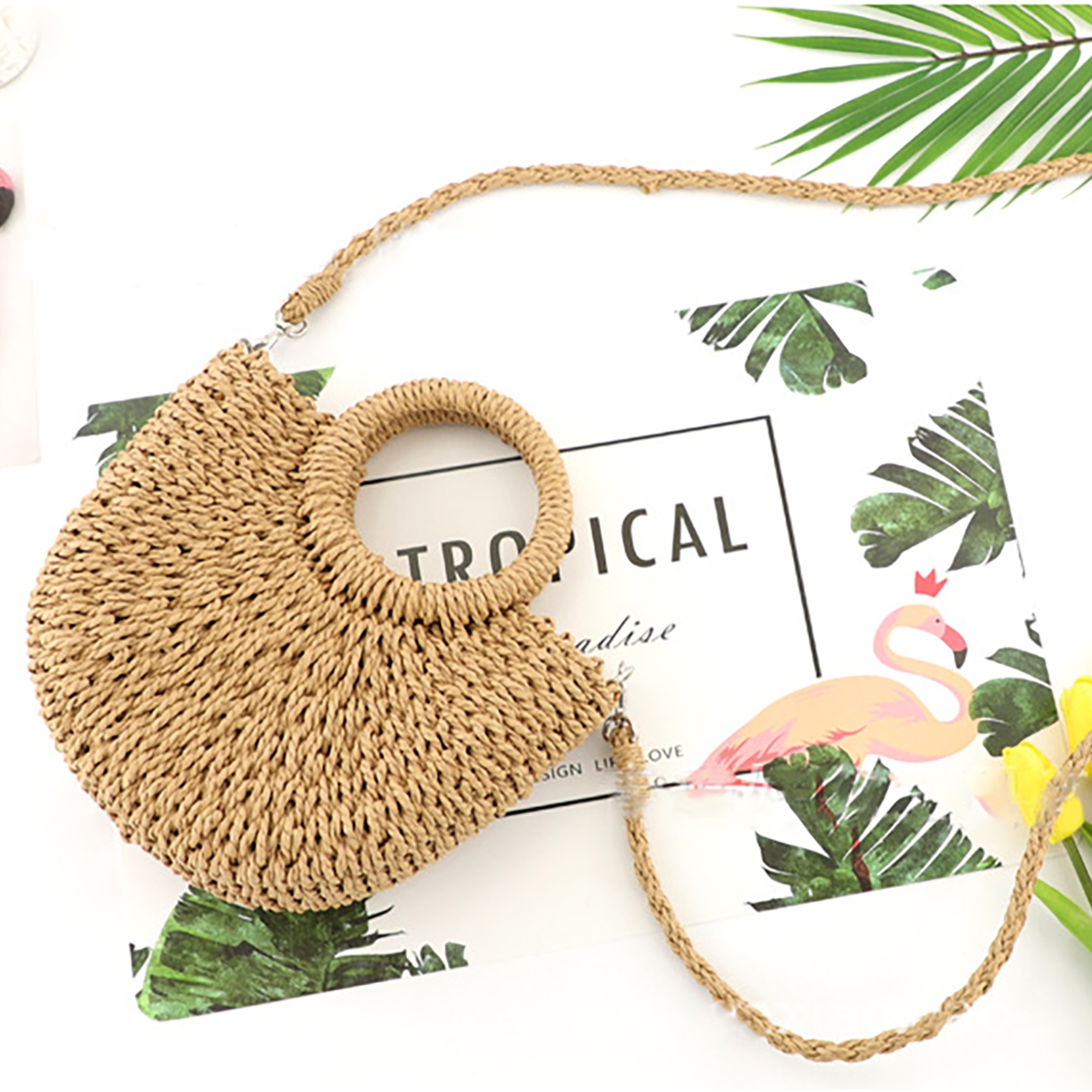 

Lightweight Half-round Woven Straw Bag, Women's Summer Crossbody Bag, Casual Beach Handbag For Holiday Mini Minimalist Straw Bag