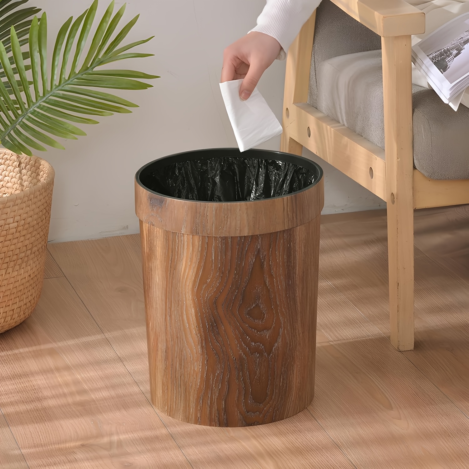 TEMU Brown Round Wood-grain Trash Can, A Retro Farmhouse-style Open Garbage Bin, Suitable For Plastic Decorative Trash Cans In Bedrooms, Offices And
