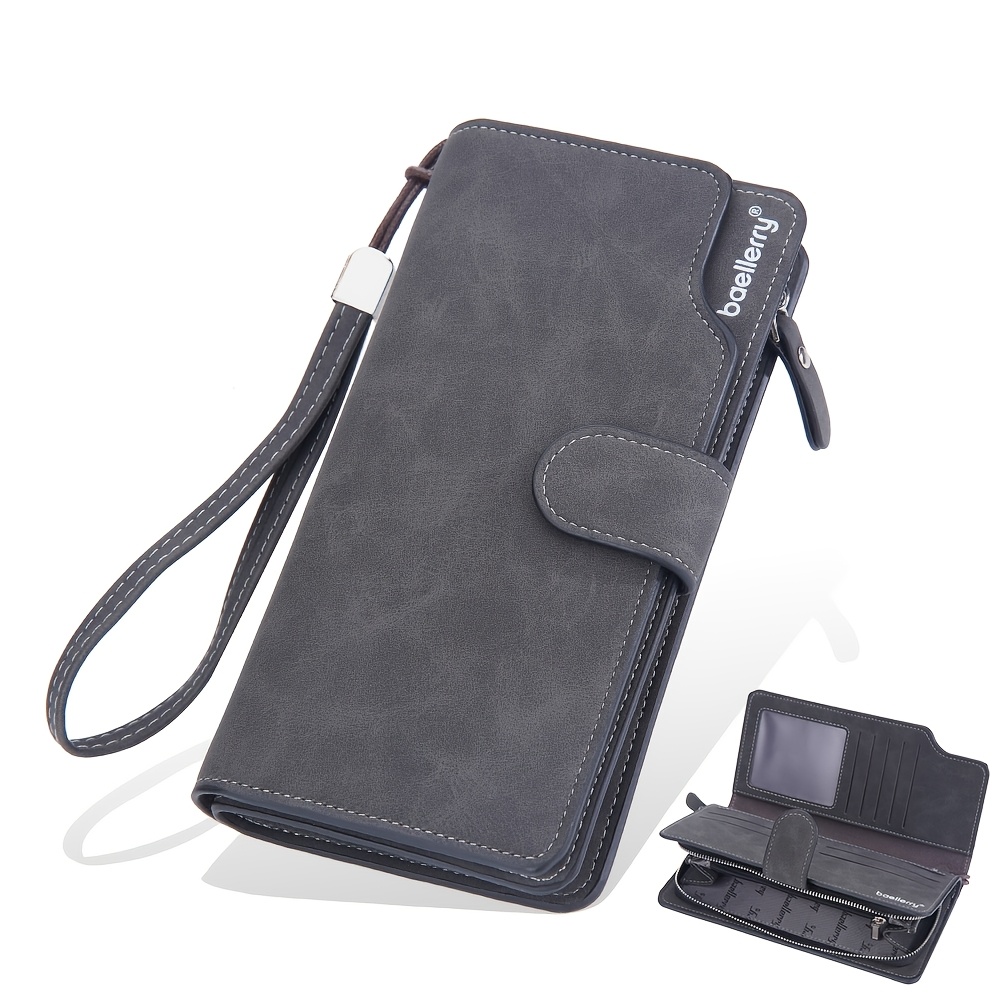 TEMU 1pc - Baellerry Vintage Frosted Men's Long Wallet, Multi-card Slot Phone Clutch With Wrist Strap, Large Capacity Zippered Coin Purse, Business