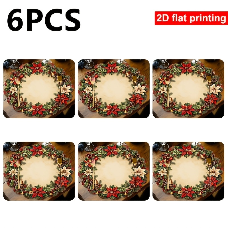 TEMU 6pcs Christmas Poinsettia Round Placemats, 2d Flat Printed Wavy Lace Christmas Wreath Bell Table Mats, Washable Heat-resistant Non-slip Holiday