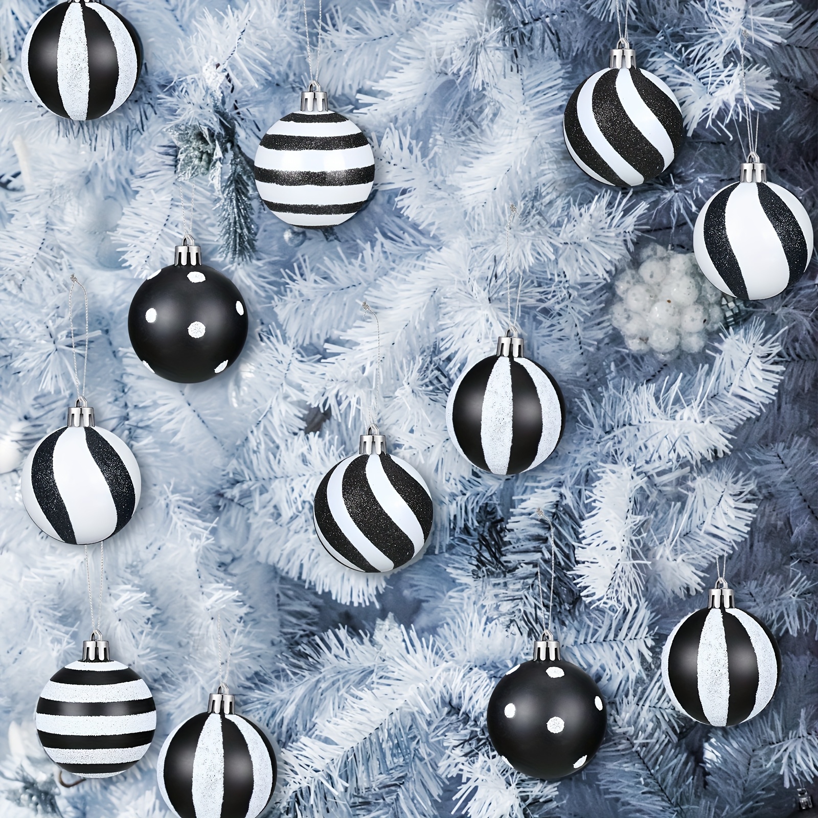 TEMU 24pcs Christmas Black And Ornaments Xmas Plastic Stripe Dot Hanging Ball For Christmas Tree Party Decoration Supplies (2.36 Inch)
