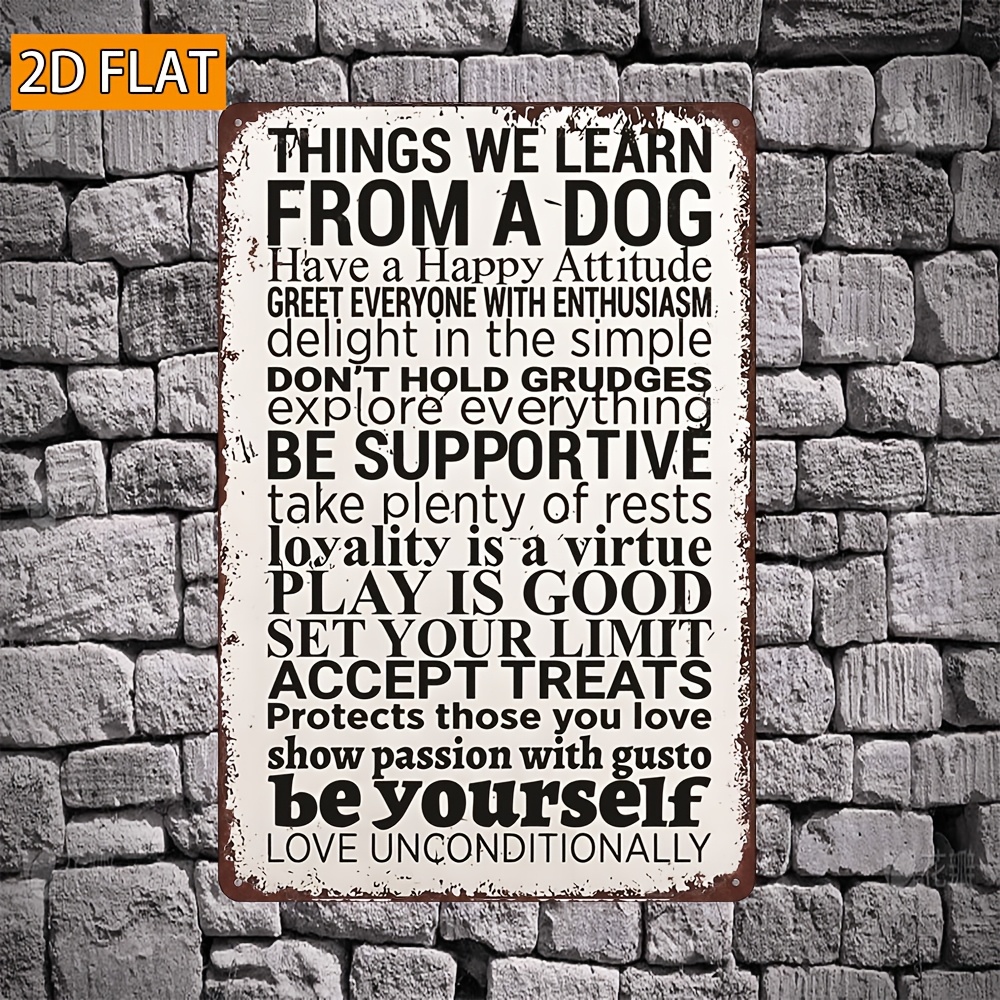 TEMU 2d Flat, 1pc, Metal Sign, 20x30cm/8x12inch, Things From A Dog Distressed Black Word Collage Rustic Print, Room Wall Plaque