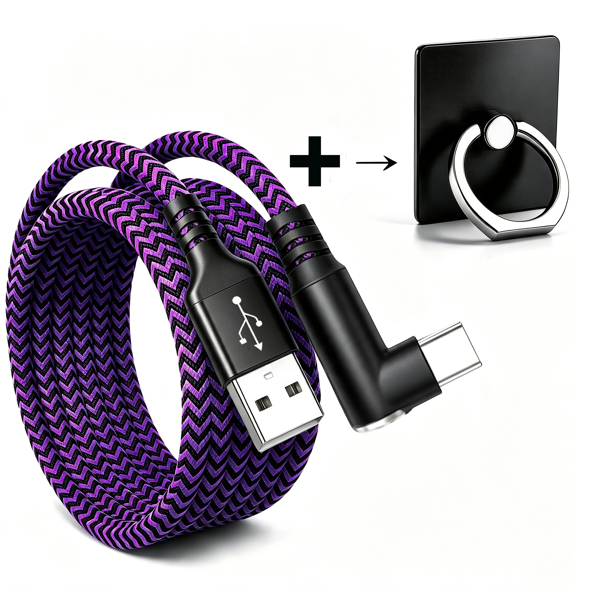 TEMU 2pcs Set (1pc Data Cable And 1pc Phone Ring Holder) Type C Fast Charging, Right Angle Usb To Usb C Cable Braided, Usb C Charging Cable For , For
