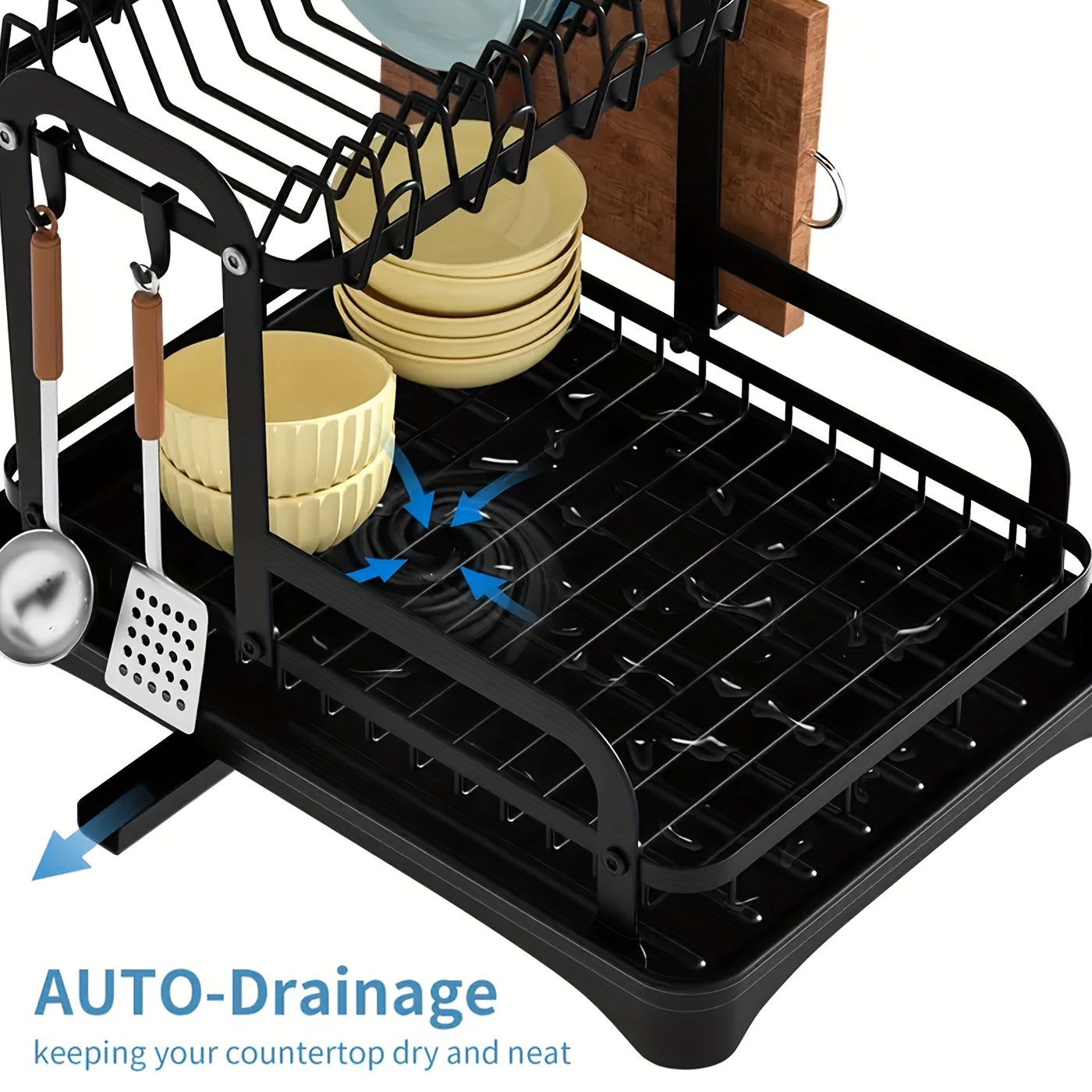 1pc dish drying rack for kitchen counter over the sink larger 2 tier dish drying rack drainboard set with double layer bowl rack cup rack cutting board kitchen accessories details 3